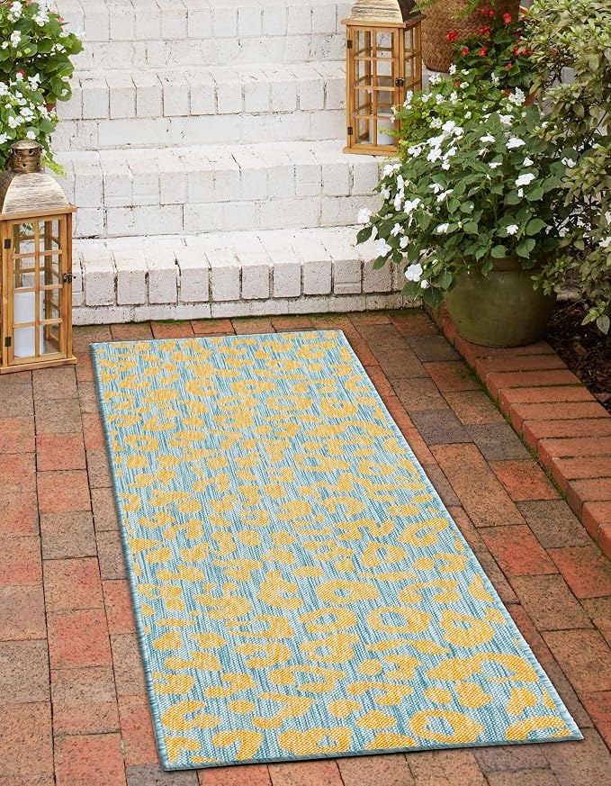 Unique Loom Outdoor Safari Collection Area Rug - Leopard (2' x 7' 10" Runner, Blue Yellow/ Blue)