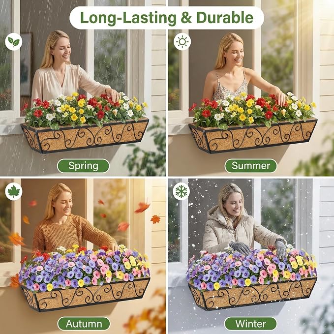 Y&M 30 Inch Butterfly Window Box Planter. Railing Planters for Outdoor Plants, Over the Railing Planter Boxes & Wall Mount, Rust-Resistant Steel with Coco Coir Liner for Balcony, Deck - 6 PCS