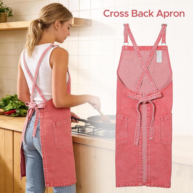 Denim Chef Apron for Women with Pockets, Jean Waitress Server Kitchen Apron for Men Cooking Gardening Painting