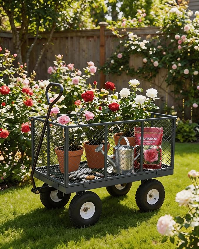 GarveeTech 400LBS Heavy Duty Steel Garden Cart, Garden Wagon Cart on Wheels, Metal Yard Utility Wagon with Removable Mesh Sides, 10" All Terrain Tires, 180° Rotating Handle for Lawn, Garden, Farm