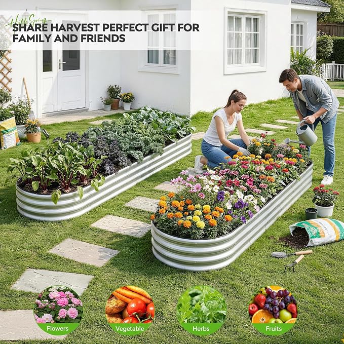 Galvanized Raised Garden Bed 2 Pack, 8x2x1ft Oval Metal Planter Box Outdoor with Support Rods & Corner Protection, Planter Beds for Vegetables, Fruits, Flowers (Silver)