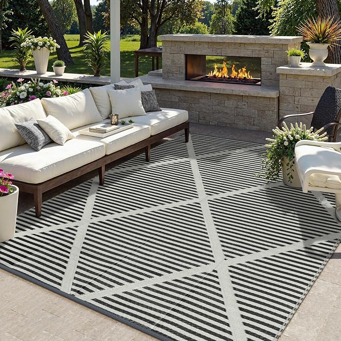 Lahome Outdoor Rug 8x10 Patio Waterproof, Plastic Straw Reversible Outside Rv Rugs for Camping, Large Indoor Outdoor Carpet for Porch Deck Backyard Camper Picnic, Grey 8'x10'