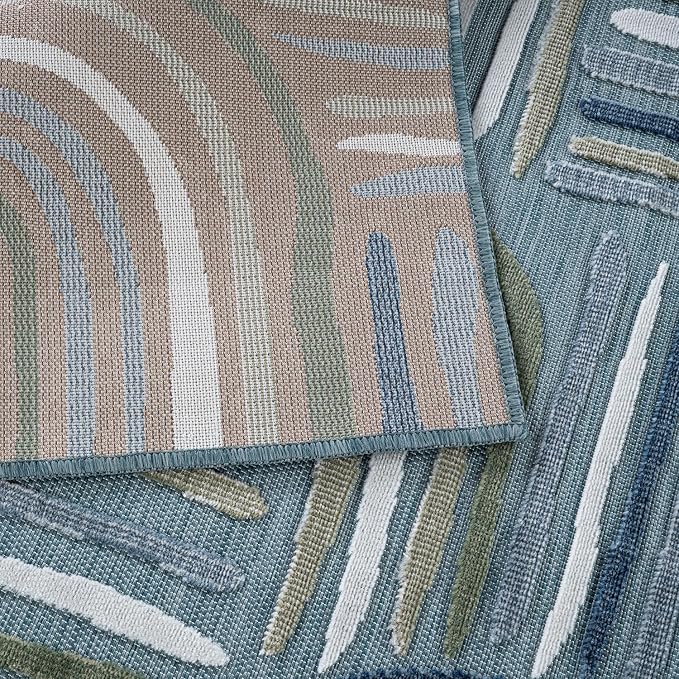 CAMILSON Indoor Outdoor Rug, Aqua 6x9 Geometric Arch Striped Area Rugs for Patio and Home Areas, Easy-Cleaning Non-Shedding Living Room, Garden and Deck Washable Outside Carpet (6 x 9)