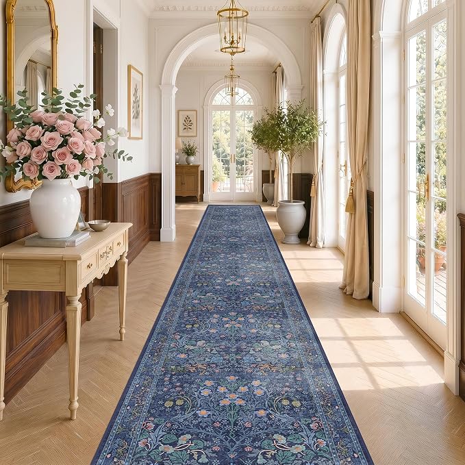 Dark Blue Boho 3x20 Extra Long Runner Rug for Hallway Non Slip, Low Pile Washable Large Kitchen Floor Rug, Soft Stain Resistant Water Resistant Vintage Floral Carpet