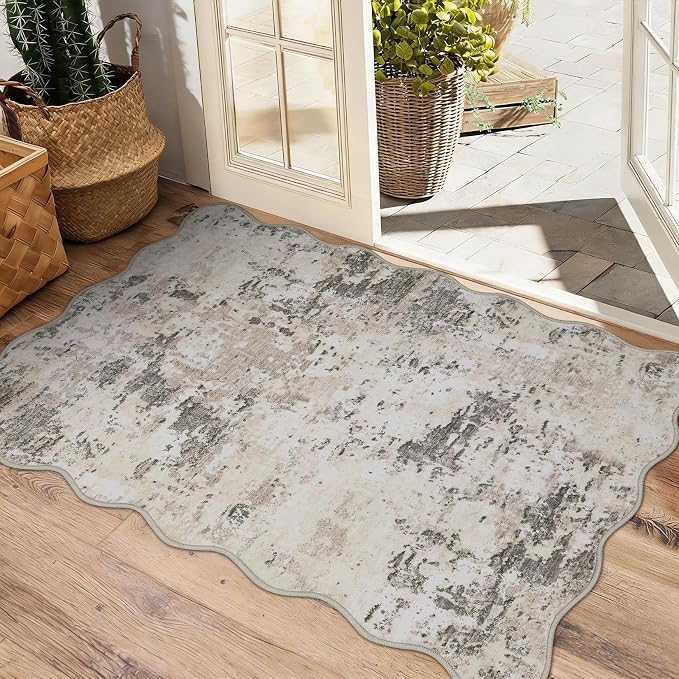 ROYHOME Modern Abstract 2x3 Scalloped Area Rug Non Slip, Brown Grey | Non Shedding Low Pile Stain Resistant Rug for Entryway Kitchen Bedroom