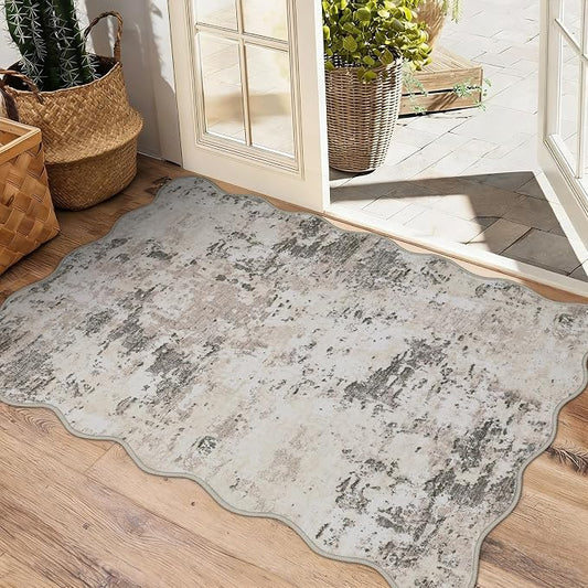 ROYHOME Modern Abstract 2x3 Scalloped Area Rug Non Slip, Brown Grey | Non Shedding Low Pile Stain Resistant Rug for Entryway Kitchen Bedroom