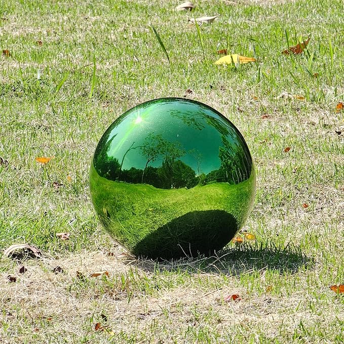 Stainless Steel Gazing Globe Mirror Ball, Decorative Gazing Balls for Garden, Reflective Smooth Garden Ball Sphere for Outdoor Yard Decoration (Green, Dia: 14 inch)