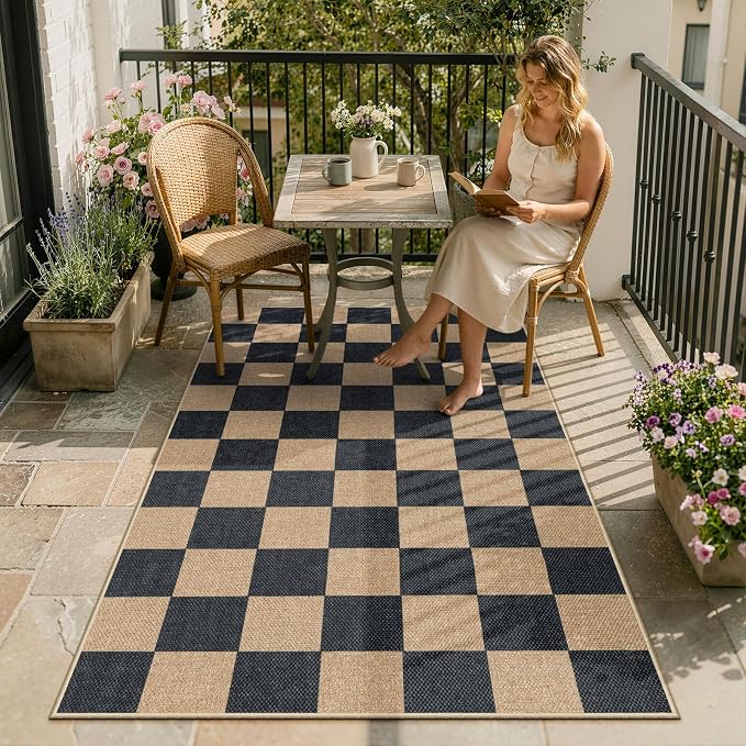 Lahome Colette Checkered Easy Jute Carpet, 3x5 Outdoor Patio Rug Washable Rugs for Entryway Checkerboard Indoor Outdoor Living Room Carpet, Farmhouse Neutral Non Slip Black Door Mat for Bedroom