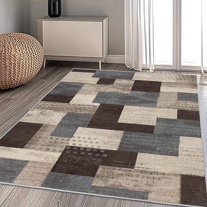Modern Geometric Patchwork Indoor Blue Area Rug for Living Room | Blue-Taupe 5'x 7' Large Rug Rockwood Collection Hardwood Floors Decor for Bedroom, Throw Carpet for Office Entryway Dining