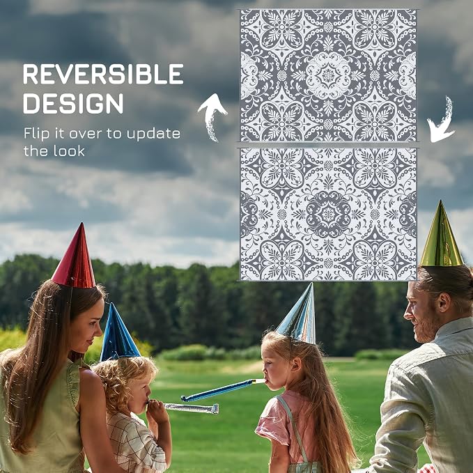 Outsunny Outdoor Rug for Patio, 9' x 12' Waterproof Large Mat, Reversible Plastic Straw Rug for Decor, Portable Outside RV Camping Area Carpet Mat for Backyard Porch Deck Picnic, Gray & White Floral