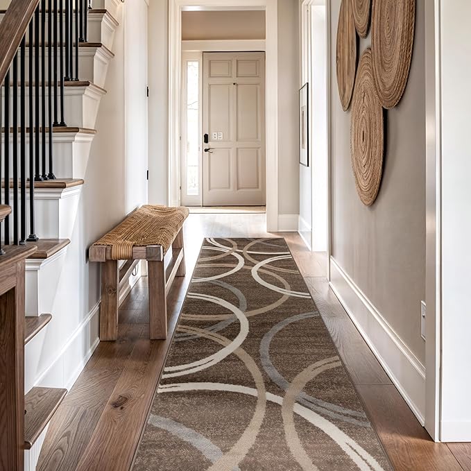 Rugshop Wavy Circles Modern Fade-Resistant Runner Rug Brown 2' x 10' | Runner, Size 2' x 10', Living Room, Bedroom, Dining Room, Home Office, Kitchen, Entryway, Hallway, Nursery, Kids Room