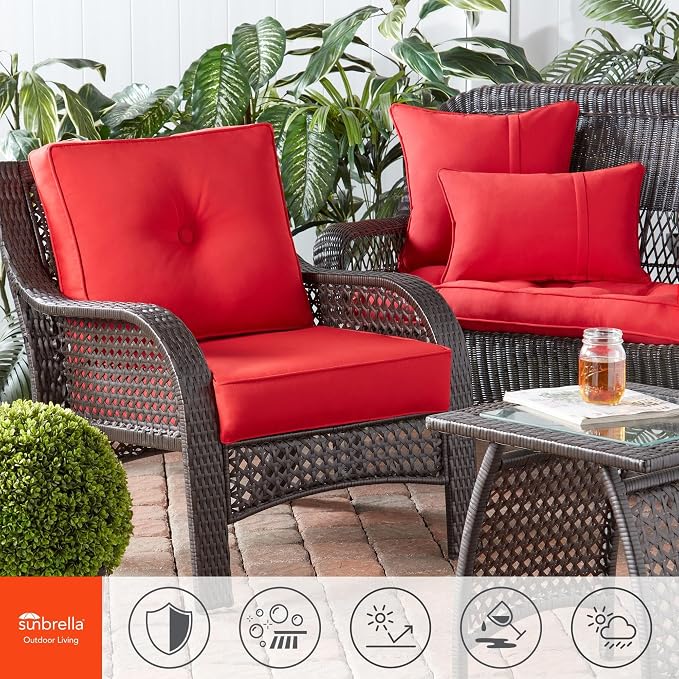 Sunbrella Deep Seat Cushion Set – Seat & Back Cushions for Patio Chairs, Sofas & Loveseats – Fade Resistant Outdoor Fabric, Ties, Zippered Cover, Cord Trim, Canvas Jockey Red