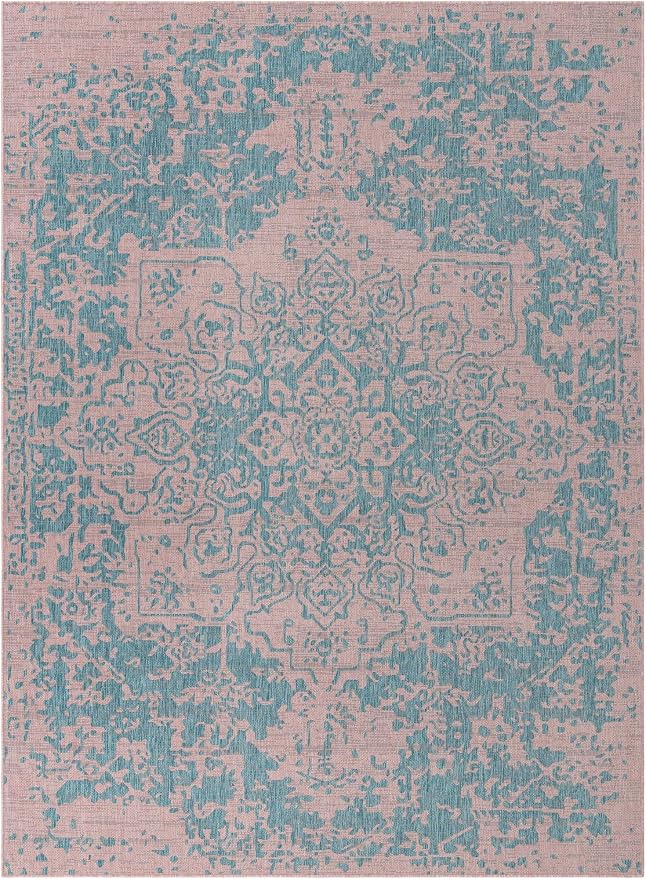 Unique Loom Jill Zarin Jill Zarin Outdoor Collection Area Rug - Dubai (9' x 12' Rectangle, Pink and Aqua/Light Blue)