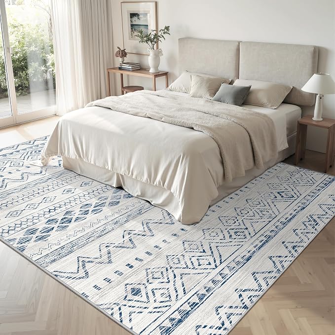 Miukiki 5x7 Washable Area Rug for Living Room, Soft Non Slip Rug Blue | Non-Slip Thin Throw Rug for Bedroom Kitchern Dining Room Office, Low Pile Indoor Floor Carpet with Vintage Pattern 5'x7'