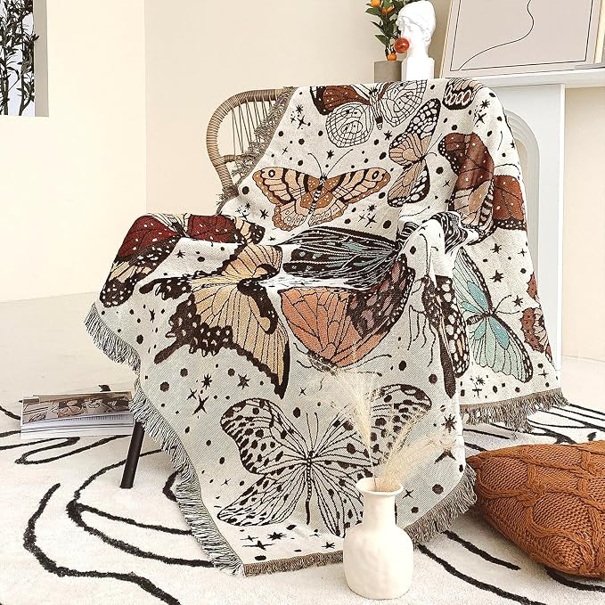 Boho Throw Blanket for Bed Couch Sofa Reversible Cotton Bohemian Travel Boho Quilt Mexican Muslin Blanket Tapestry Hippie Room Decor Outdoor Blanket Double Sided (Month Moth Print 60"x80")