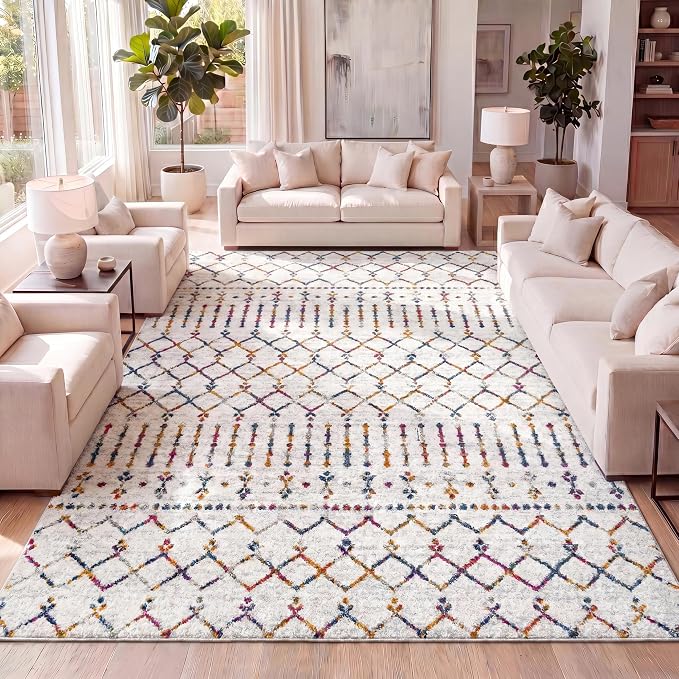 JONATHAN Y Boho Vintage Diamond Cream/Multi Indoor Area Rug 4X6 ft, Moroccan Hype for Living Room, Bedroom, Kitchen, Office, Easy-Cleaning, High Traffic, Pet-Friendly, Non-Shedding (MOH101H-4)