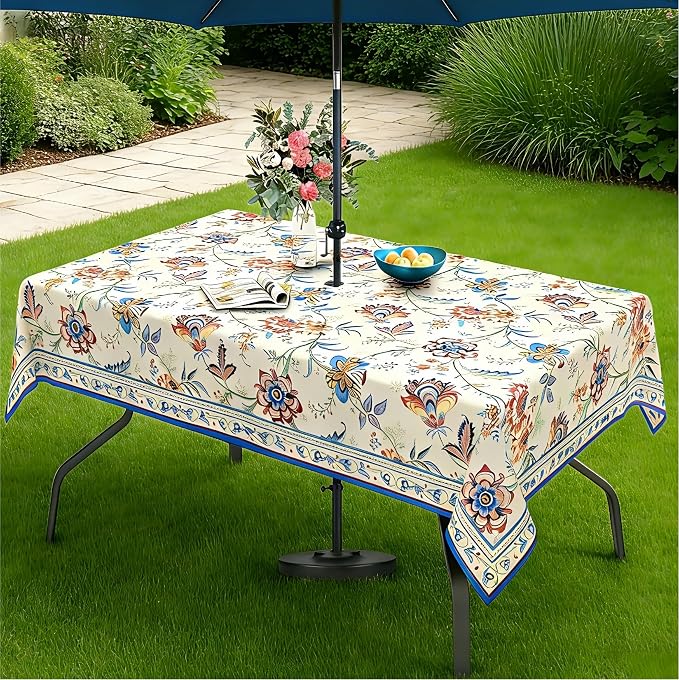 Vintage Flowers Outdoor Tablecloth with Umbrella Hole 60" x 102" Waterproof Zipper Table Cloth for Garden - Ideal Patio Table Cover for Picnics, Camping, and Yard Use