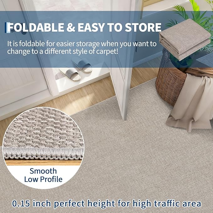 Garvee Large Area Rug 10x13 Modern Solid Washable Rug Non Slip Taupe | Woven Textured, Ultra-Thin Neutral Minimalist Non-Shedding Floor Cover Indoor Foldable Mat for Living Room Bedroom Office
