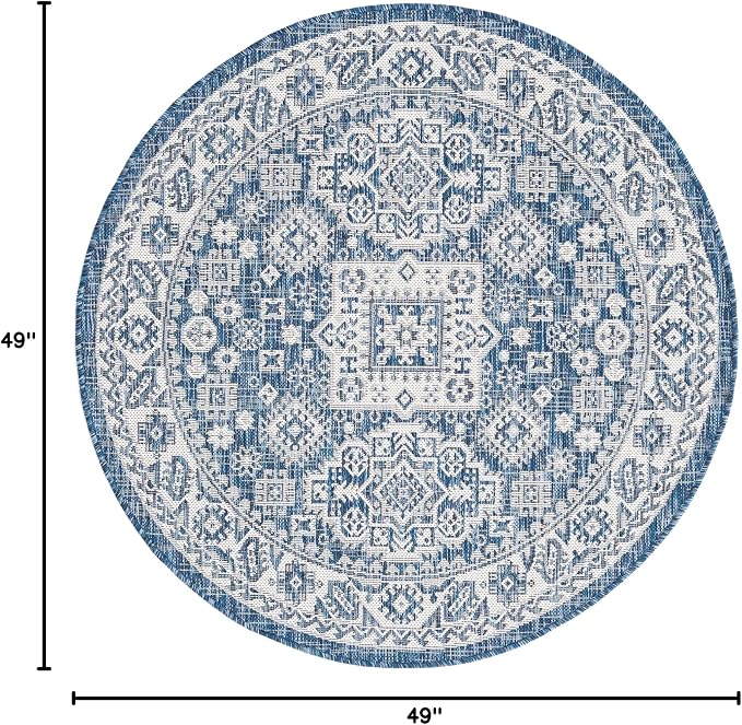 Unique Loom Outdoor Aztec Collection Area Rug - Chalca (4' 1" Round, Blue/ Ivory)