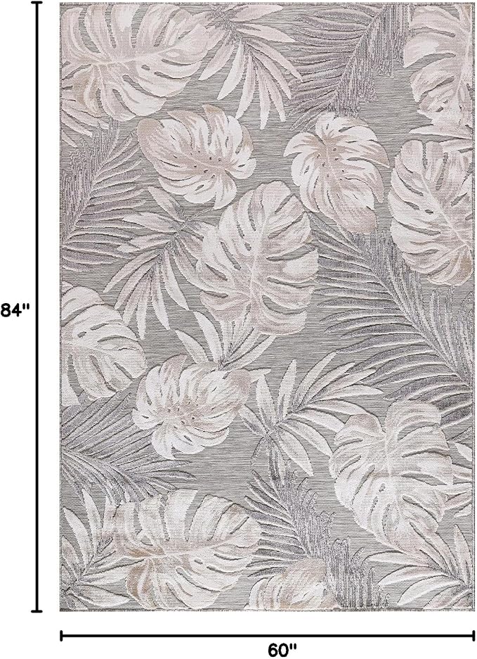 CAMILSON Indoor Outdoor Rug, Beige 5x7 Leaf Tropical Botanical Area Rugs for Indoor and Outdoor patios, Easy-Cleaning Non-Shedding Living Room, Garden and Kitchen Washable Outside Carpet (5 x 7)
