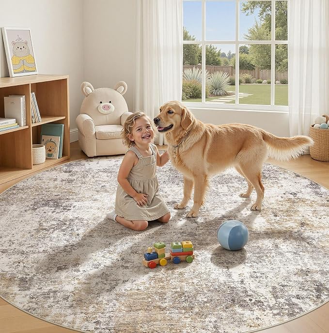 Nakagishi 8X8 Abstract Washable Area Rugs for Living Room-Golden Brown | Modern Non-Slip Silicone Backing Low Pile Soft Carpet for Bedroom Dining Decor for Families with Kids and Pets