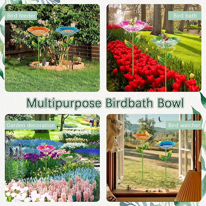 4 Pack Bird Baths for Outdoors, Colorful Metal Bird Bath for Outside, Hummingbird Bath with Five Stakes, Garden Flower Small Birdbath for Garden Decor (Red,Yellow,Blue,Green)