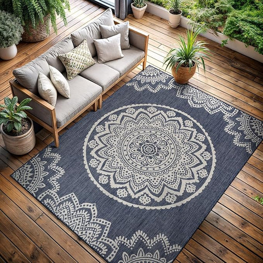 CAMILSON Outdoor Rug 5x7 Modern Area Rugs for Indoor and Outdoor Patios and Porches - Waterproof, Washable, Non-Shedding, Easy-to-Clean Outside Carpet (5 x 7, Medallion - Blue/White)