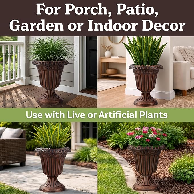 Outdoor Planter 2-Pack - 16x18-Inch Urn Planters for Front Porch Decor, Indoors, Patio or Entryway - Plastic Plant Pots - Large Decorative Flower Pots by Pure Garden (Rustic Bronze)