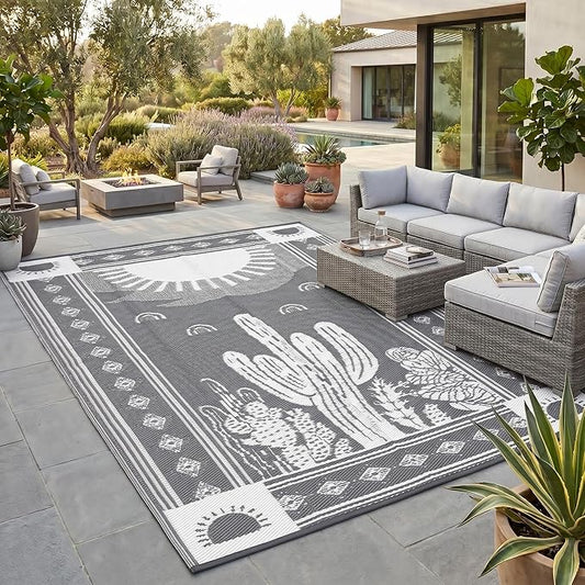 Garvee Reversible Cactus Outdoor Rug 8x10 for Patio, Waterproof Outdoor Area Rug, Modern Desert Botanical Indoor Outdoor Rugs, Plastic Straw Rug for RV, Camping, Deck, Grey