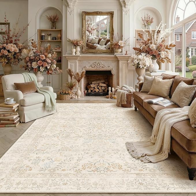 9x12 Beige Floral Area Rug Vintage Farmhouse Style | Washable, Non Slip, Soft Low Pile, Indoor Carpet for Living Room, Bedroom, Dining Room, Botanical Decor