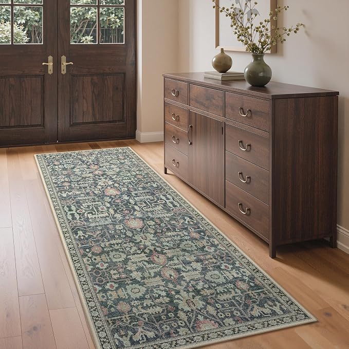 9x12 Area Rug for Living Room, Washable Low Pile, Green/Blue | Vintage Distressed Design, Spill Resistant Lightweight Non-Shedding Carpet for Bedroom, Dining Room, Office