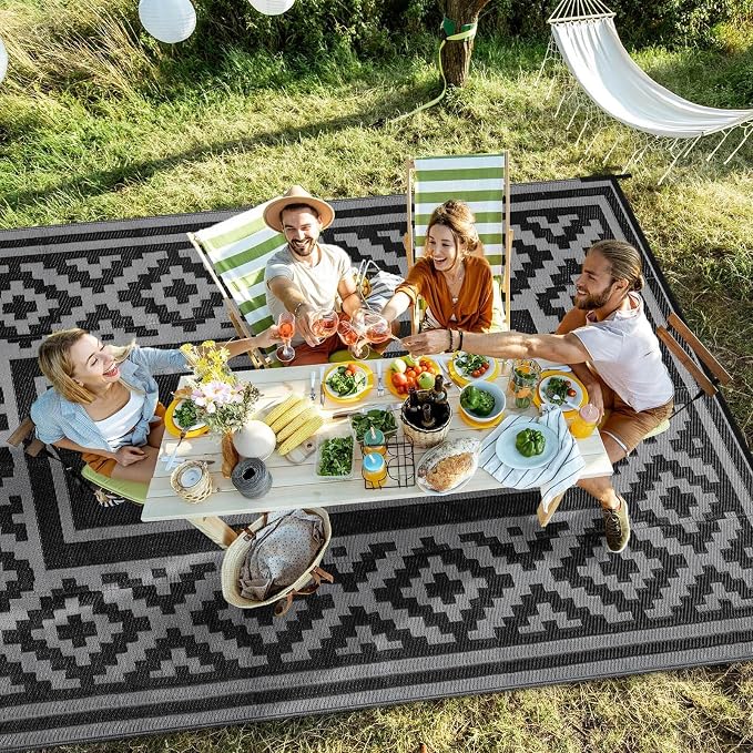 Outdoor Patio Plastic Straw Rug - 6x9 ft Outdoor Camping Rug Waterproof Reversible, Area Carpet Patios RV, Outside Porch Balcony Deck for Camper, Stripe Black Grey