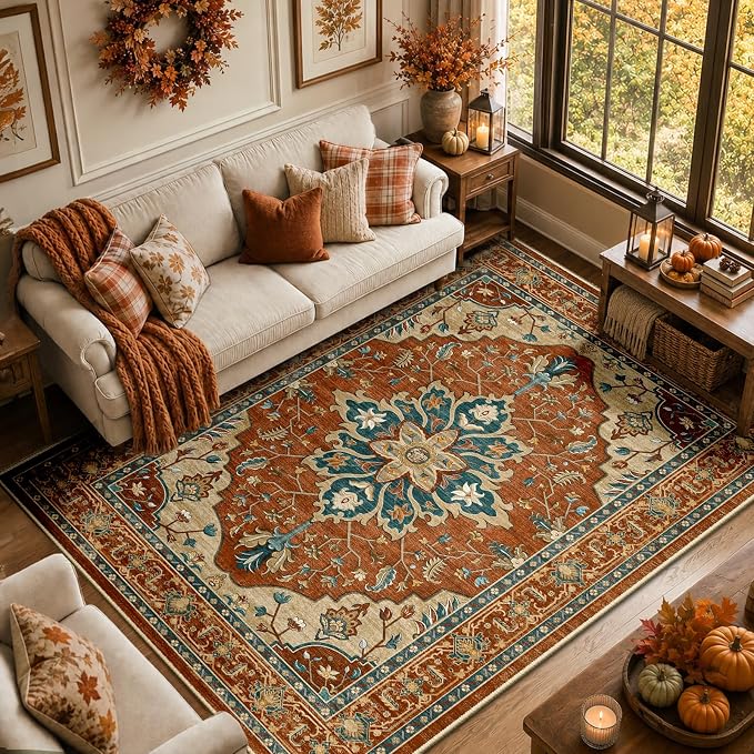 RELEANY Washable Area Rug, 8'x10', Red/Orange/Blue/Brown | Non-Slip, Water Repellent, Pet Friendly, Easy to Clean, Vintage Floral Boho Decor for Living Room Bedroom Dining Room