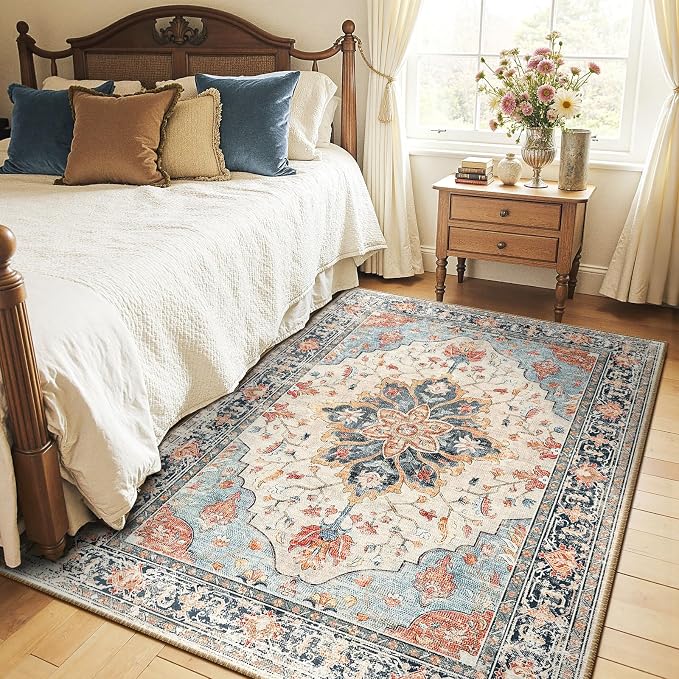 RELEANY Washable Area Rug, 4'x5', Beige/Blue/Orange | Non-Slip, Water Repellent, Pet Friendly, Easy to Clean, Vintage Floral Boho Decor for Living Room Bedroom Kitchen Office