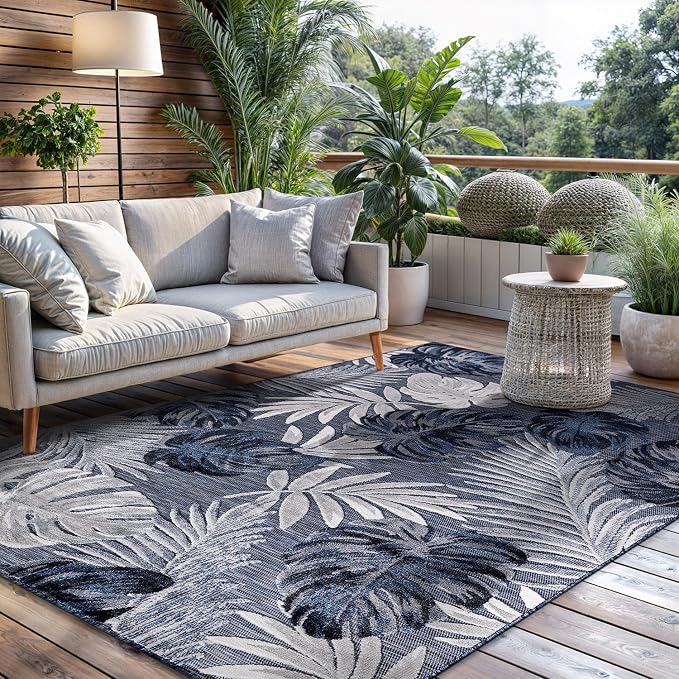 CAMILSON Indoor Outdoor Rug, Navy Blue 9’x12’ Leaf Tropical Botanical Area Rugs for Indoor and Outdoor patios, Easy-Cleaning Non-Shedding Living Room Garden and Kitchen Washable Outside Carpet (9x12)
