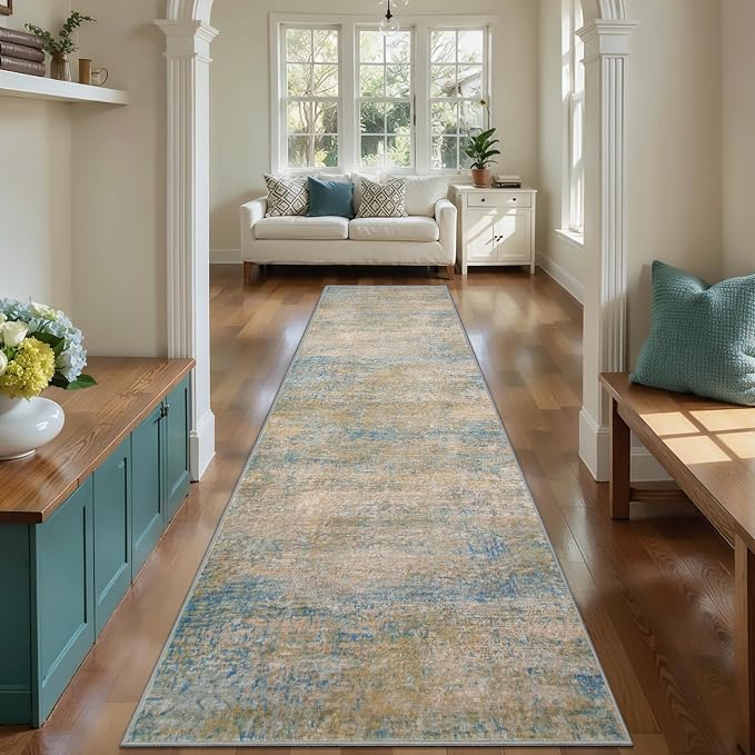 Tangsoo Abstract 3x10 Hallway Runner Rug, Modern Non Slip Runner Rugs | Long Soft Low Pile Rug Runners,Contemporary 10ft Carpet Runners for Hallway Kitchen Bedroom Living Room Blue Beige Home Decor