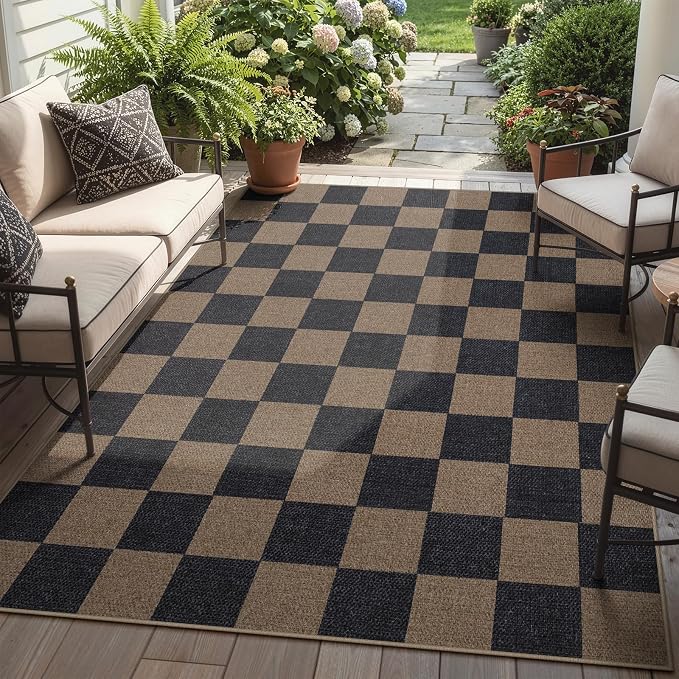 Lahome Checkered Easy Jute Living Room Rugs, 5x7 Black Dining Room Office Rug Farmhouse Washable Carpet, Checkerboard Neutral Non Slip Indoor Outdoor Carpet for Bedroom Entry Patio