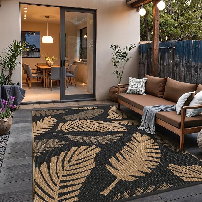 GENIMO Waterproof Outdoor Rug 5' x 8' for Patio Decor, Reversible Plastic Straw Area Rugs for Camping Clearance, RV Mat, Large Outside Carpet for Porch, Deck, Picni, Balcony, Garden, Black & Brown