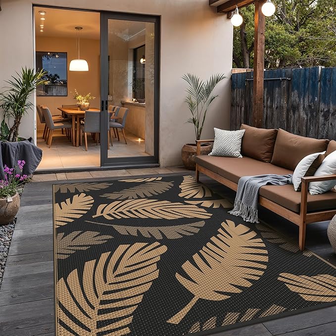 GENIMO Waterproof Outdoor Rug 6' x 9' for Patio Decor, Reversible Plastic Straw Area Rugs for Camping Clearance, RV Mat, Large Outside Carpet for Porch, Deck, Picni, Balcony, Garden, Black & Brown