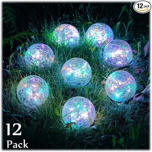 Honoson 12 Pcs Decorative Solar Globe Lights Outdoor Waterproof, 3.9 Inch | LED Cracked Glass Solar Garden Orbs and Ball Lights for Pathway, Walkway, Lawn, Patio, Yard and Backyard Decorations