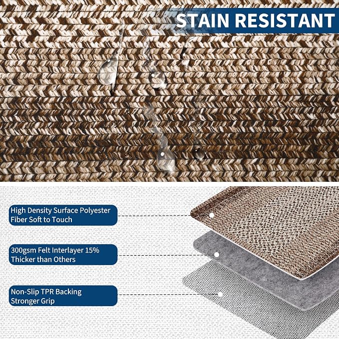 RUGSREAL Washable Bedroom Rug 4x6 Living Room Braided Print Floor Cover | Dining Room Throw Carpet with Rubber Backing Farmhouse Rustic Accent Rugs for Living Room Home Decor, Brown