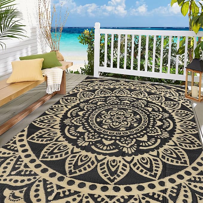 Bsmathom Waterproof Outdoor Rug 9x12ft Large Reversible Boho Plastic Straw Patio Deck Camping Rugs, Indoor Outdoor Portable RV Mat Carpet for Outside, Porch, Balcony, Backyard, Beach, Pool,Black