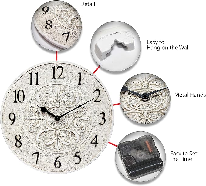 Infinity Instruments Blanc Fleur 15 inch Decorative Outdoor Wall Clock for Garage, Patio, Backyard, Outdoor Wall, Fence Vintage Ivory Antique Easy to Read Battery Operated