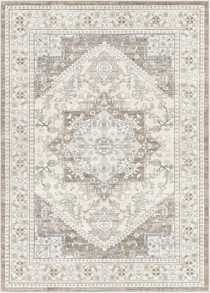 Washable Area Rug-10X14 Vintage Neutral Soft Brown | Non Slip Thin Foldable Large Floor Carpet for Living Room Bedroom Kitchen Dining Room Home Office Farmhouse Indoor
