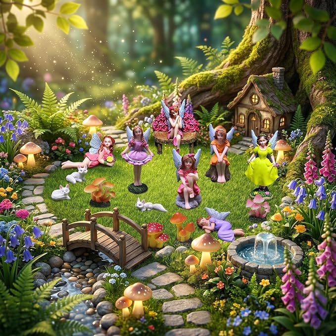 Miniature Fairy Garden Accessories Set - 5 Resin Fairies (Sleeping, Sitting on Stone/Stump/Bench) with 3 White Fox Statues & 2 Spotted Mushrooms - Whimsical Forest Decor for Terrarium, Patio & Gifts