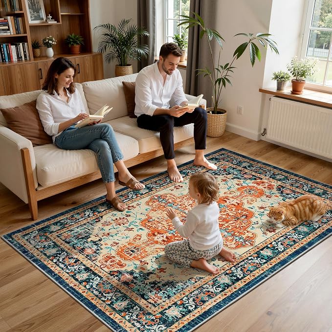 U'Artlines Boho Vintage Area Rug 5x7 Machine Washable Carpet,Orange/Multi | Low Pile, Non Slip, Ultra-Thin Soft Floor Carpet, Accent Rug for Living Room Bedroom Entryway Dining Room Office