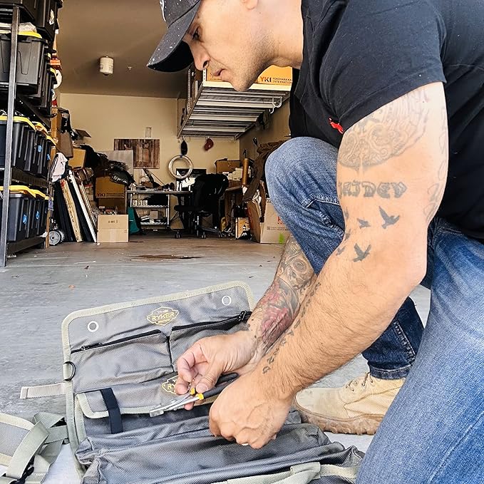 The Ryker Official PRO Tool BAG Organizer Heavy Duty Foldable Storage Bag with Detachable Pouches, Wrench Holder, Rugged Canvas for Mechanics, Electricians, Motorcycle Use, Practical Gift for Dads