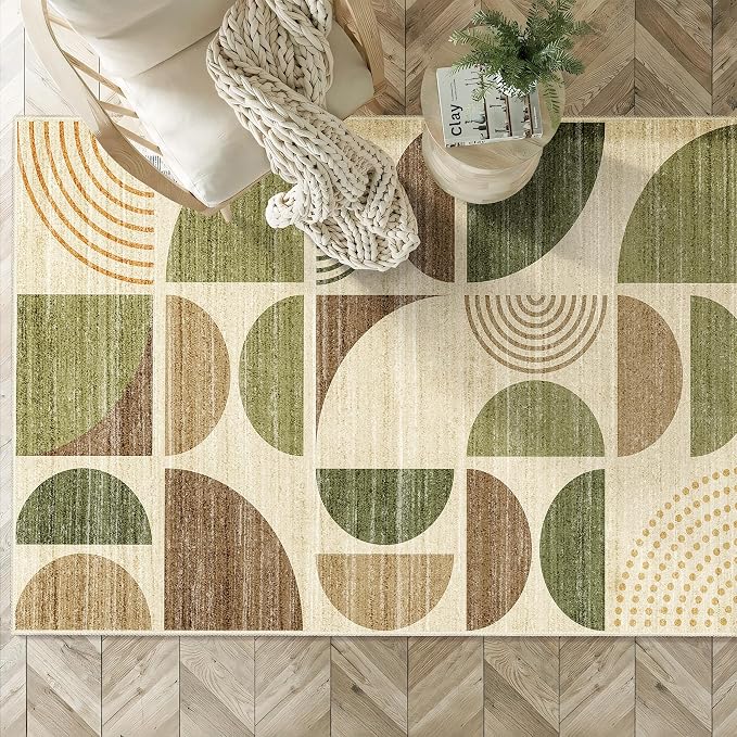3x5 Rug Washable,Boho Area Rugs Small Non Slip Modern Abstract | Machine Washable Throw Carpet for Bedroom Entryway Living Room Bedside Soft Low Pile Bohemian Vintage Green and Brown