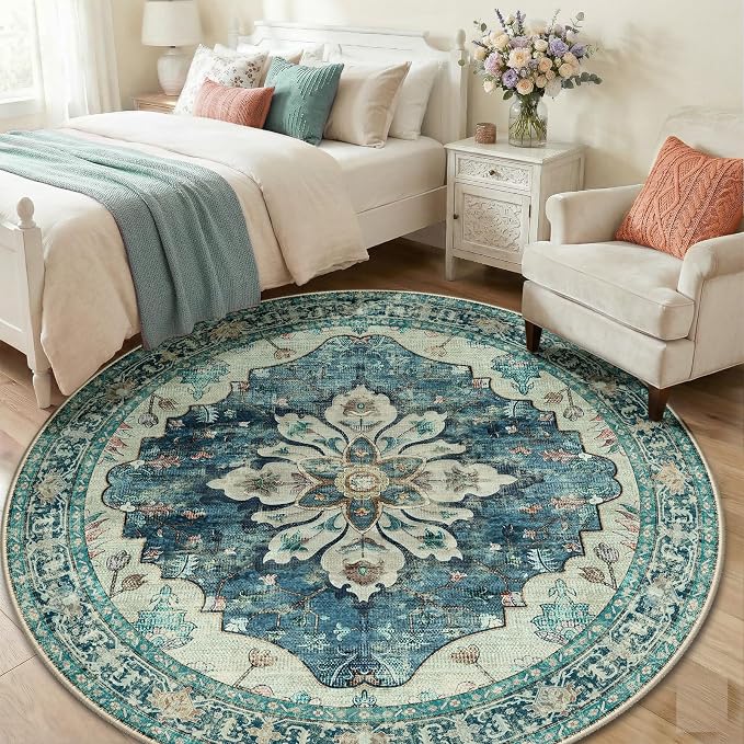 RELEANY Washable Area Rug, Round 6ft, Blue/Vintage Dark Blue | Non-Slip, Water Repellent, Pet Friendly, Easy to Clean, Vintage Floral Boho Decor for Living Room Bedroom Dining Room
