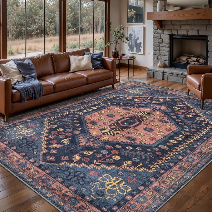 Ciicool 5x7 Area Rugs,Washable Large Boho Carpet for Living Room Bedroom | Oriental Low-Pile Soft Vintage Non-Slip Indoor Throw Navy Carpet for Kitchen Bedside Dining Room Foyer Decor